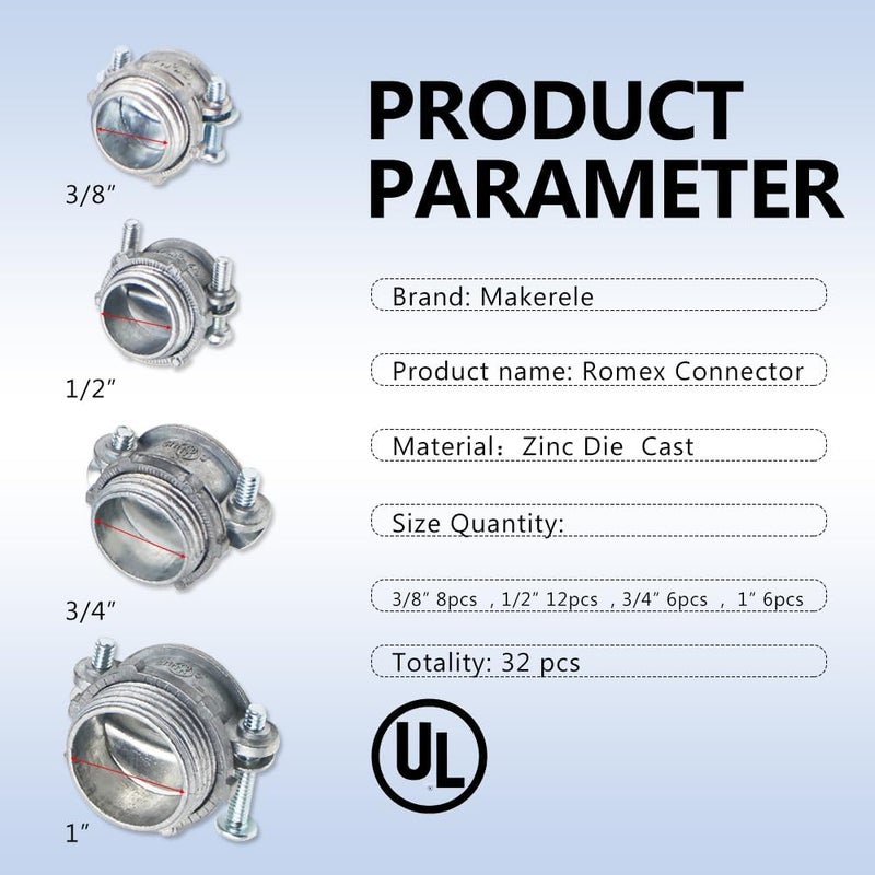 MAKERELE 32-Piece Assortment Kit of Clamp Type Cable Connectors - 1/2 Inch, 3/8 Inch,3/4 Inch, 1 Inch - UL Listed - Durable Zinc Alloy for Metallic Conduit and, NM and SE Cable - Image 3